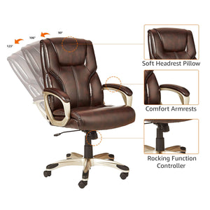 Executive High Back Office Chair, Adjustable Height, Tilt, Swivel, Padded Armrests, Brown/Gold