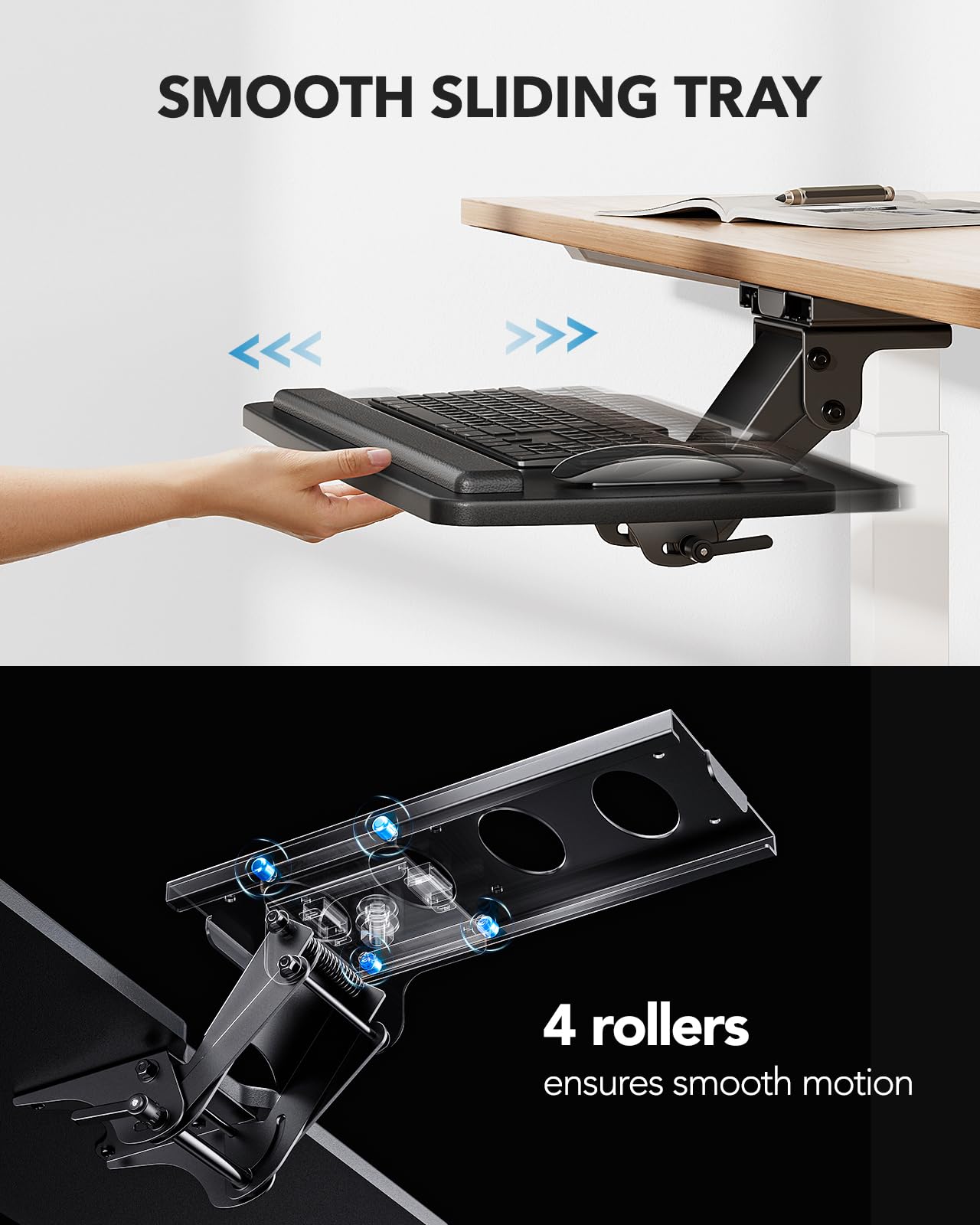 Keyboard Tray Under Desk, 360 Adjustable Ergonomic Sliding Keyboard & Mouse Tray, Under Desk Keyboard Tray Slide Out, Keyboard Holder Under Desk for Typing in Home, Office Work, 25"W x 9.84"D