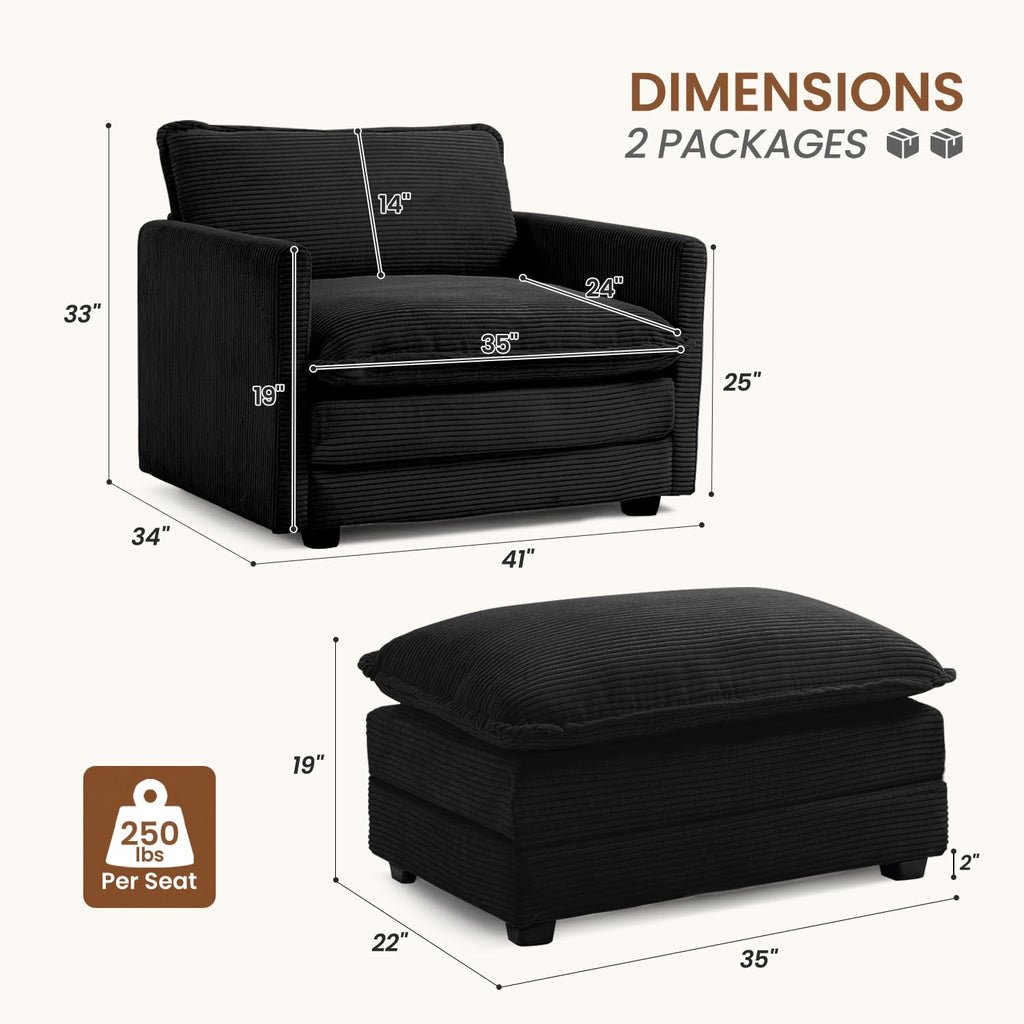 Single Armchair with Ottoman, Modern Corduroy Cloud Couch with Convertible Chaise, Upholstered Sofa Set for Living Room, Black