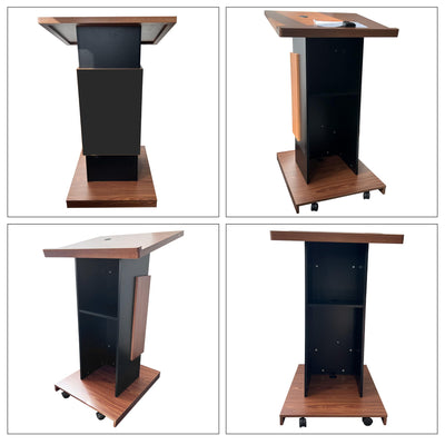 Customizable Wood Podium,Wooden Lectern Stand,15MM Particle Board,Elegant Design with Storage, Lockable Wheels, Mic Stand Space, Wooden Pulpit for Restaurants,Churches, Seminars and Schools