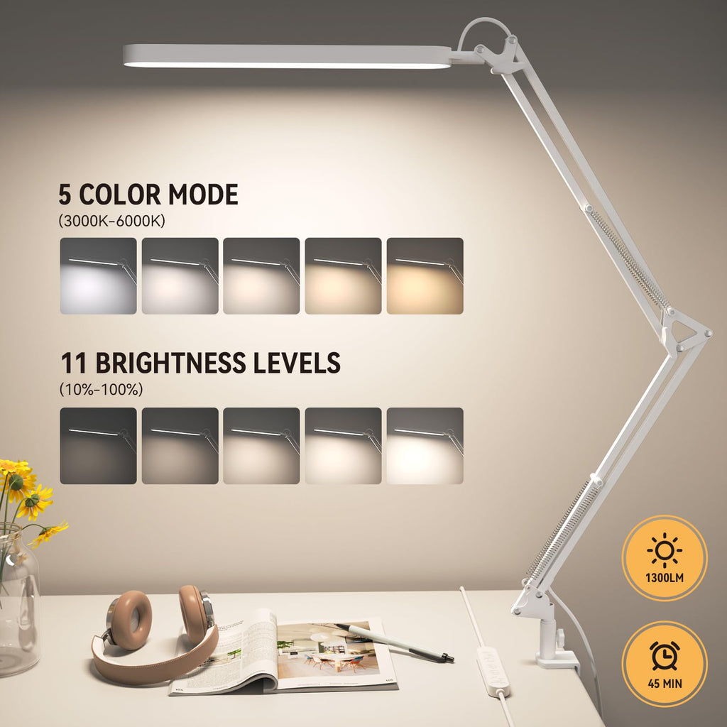 Led Desk Lamp - 31.5" Desk Light - 5 Color Modes X 11 Brightness Levels - Adjustable Swing Arm - Timmer & Memory Function - 12W Study Lamp - White