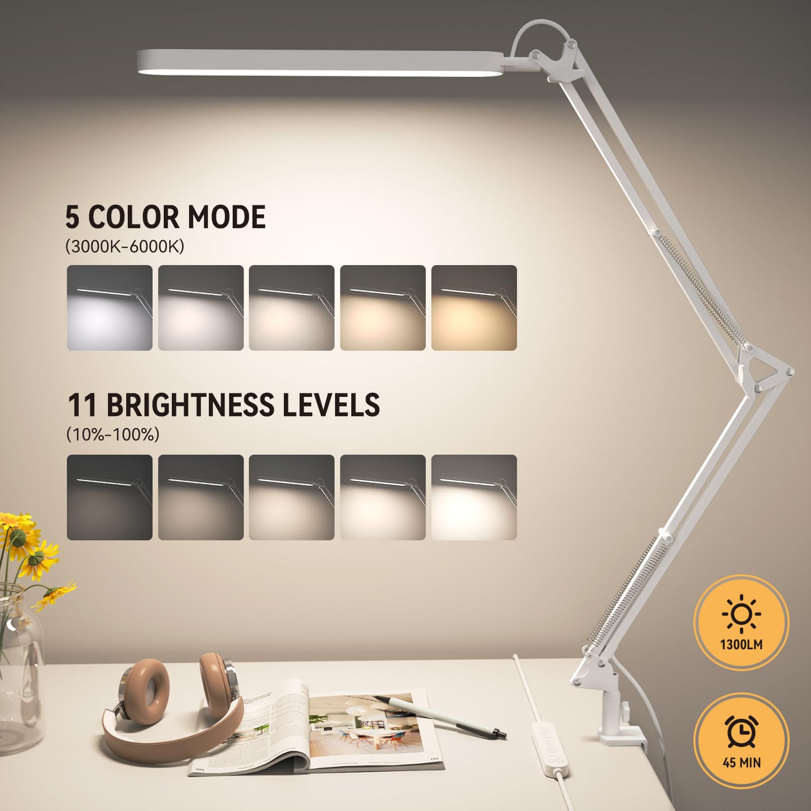 Led Desk Lamp - 31.5" Desk Light - 5 Color Modes X 11 Brightness Levels - Adjustable Swing Arm - Timmer & Memory Function - 12W Study Lamp - White