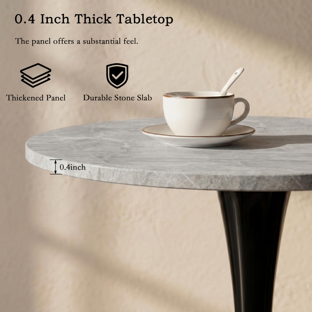 27.6" Marble Round Tulip Table, Mid-Century Modern Style Dining Table with Black Pedestal Base for 2-4 People, Featuring A Marble Tabletop for Kitchen, Dining Room, Cafe (Light Grey)