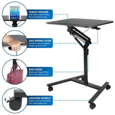 Mobile Standing Laptop Desk, Height Adjustable Rolling Sit Stand Workstation with Casters, 27.5 Wide with Gas Spring Lift Mechanism, Black