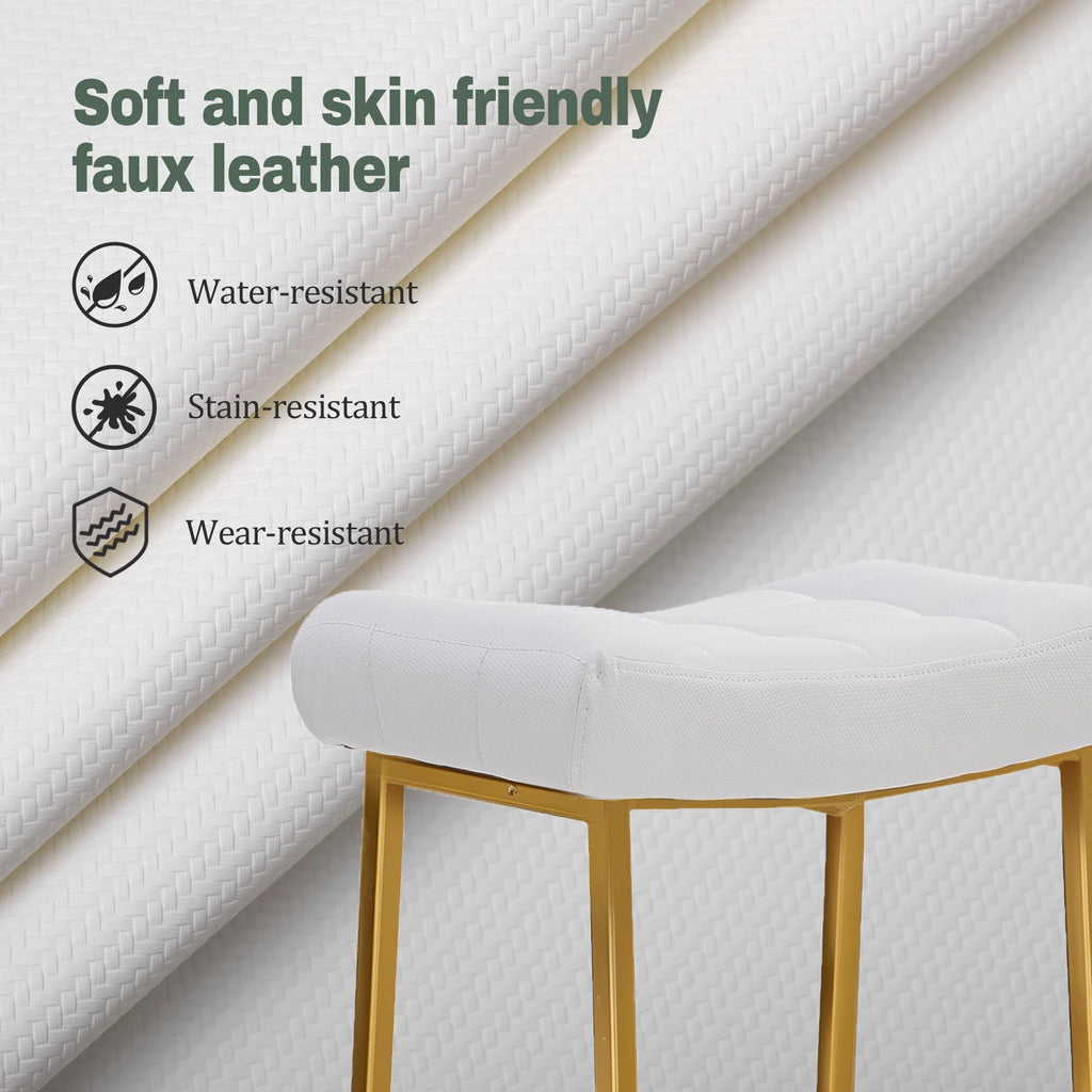 White & Gold Counter Height Bar Stools Set of 6 for Kitchen Counter Backless Kitchen Island Barstools with Upholstered Faux Leather Seat and Gold Base Modern 24 inch Bar Chairs No Back