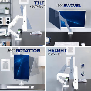 Single 17 to 32 inch Monitor Height Adjustable Counterbalance Mechanical Arm Desk Stand, Classic, Universal VESA Mount, White, STAND-V001OW
