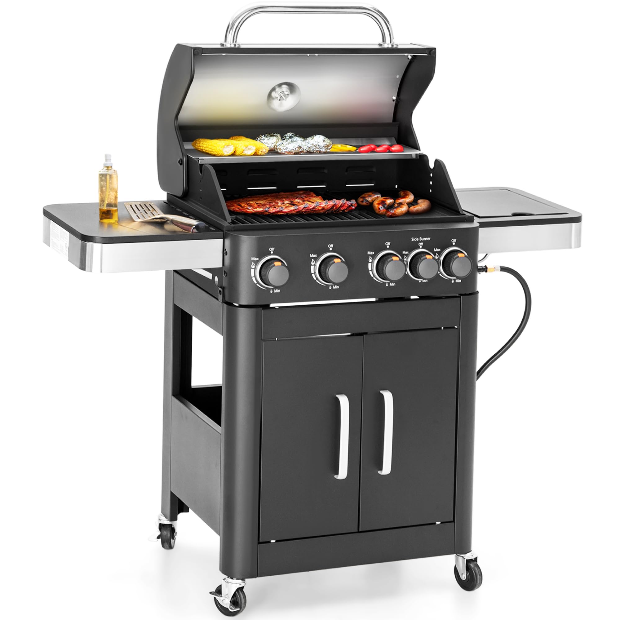 4-Burner Gas BBQ Grill with Side Burner & Porcelain-Enameled Cast Iron Grates, Outdoor Cooking Propane Grills Cabinet Style Garden Barbecue Grill, 46,700BTU, Black