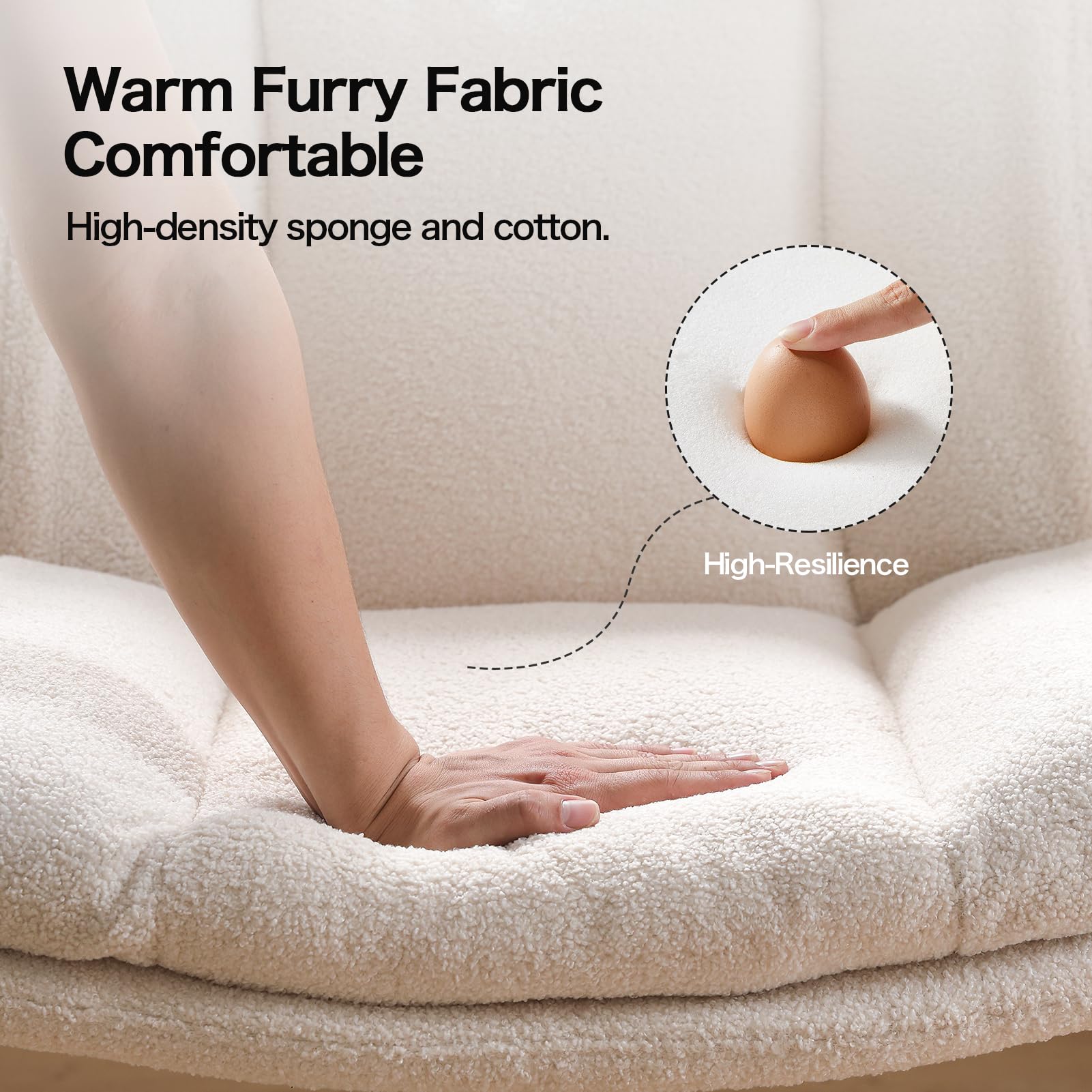 Criss Cross Chair with Wheels, Armless Makeup Chair with Wide Furry Seat, Height-Adjustable Vanity Chair, Convertible Between Fixed & Swivel Casters Office Chair Cross-Legged Chair - Cream