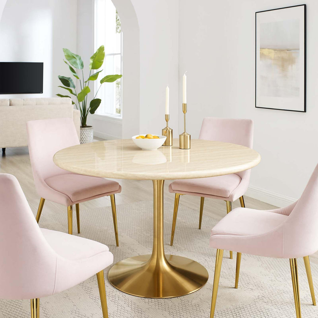 48" Round Artificial Dining Table with Tapered, Metal Base, Gold Travertine