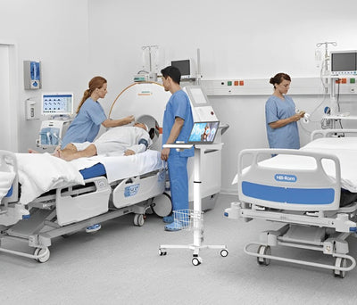 MB-C05 Medical Laptop Workstation Trolley Cart with Wheels, Oral Scanner Holder, Basket Storage | Height Adjustable Rolling Lab Cart with Large Tabletop for Dental Office, Hospital, Clinic