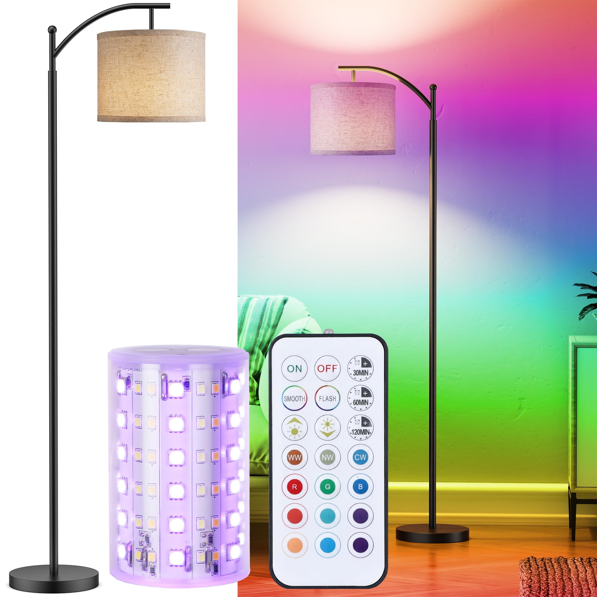 Battery Operated Floor Lamp, RGB Dimmable Cordless Standing Lamp with Remote Control for Living Room, Tall Floor Lamp for Bedroom