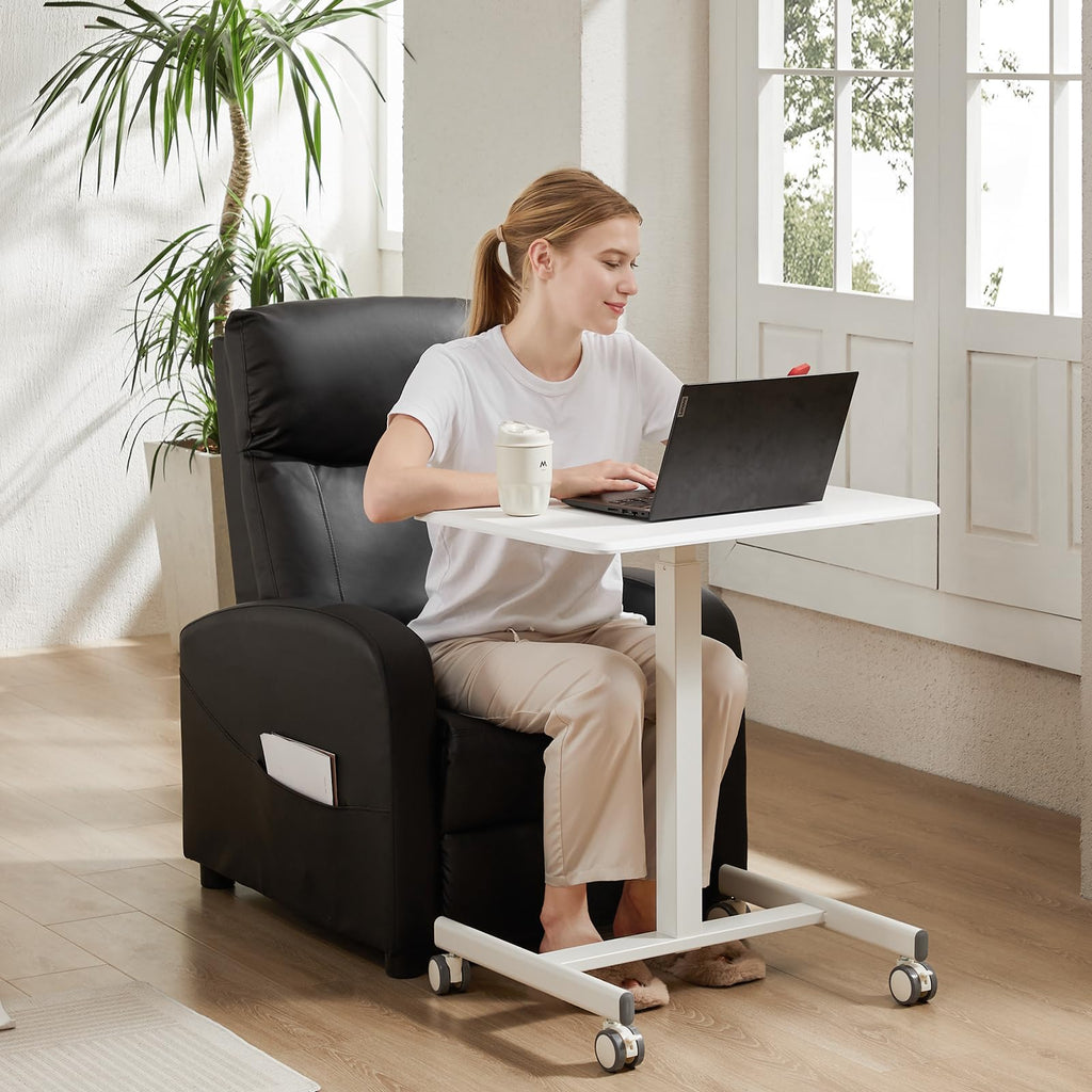 Small Rolling Desk Mobile Standing Portable Laptop PC Table with Wheels Adjustable Height Computer Workstation for Home Office, Space Saving Desk for Bedroom Study Use, White