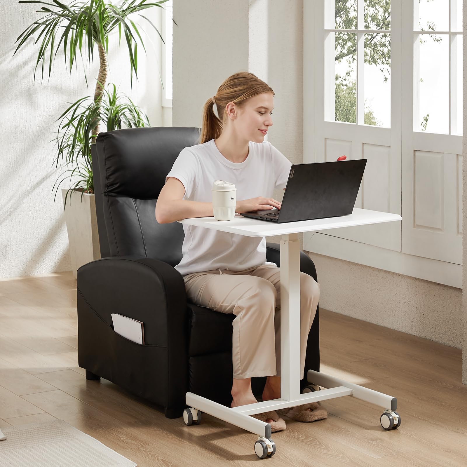 Small Rolling Desk Mobile Standing Portable Laptop PC Table with Wheels Adjustable Height Computer Workstation for Home Office, Space Saving Desk for Bedroom Study Use, White