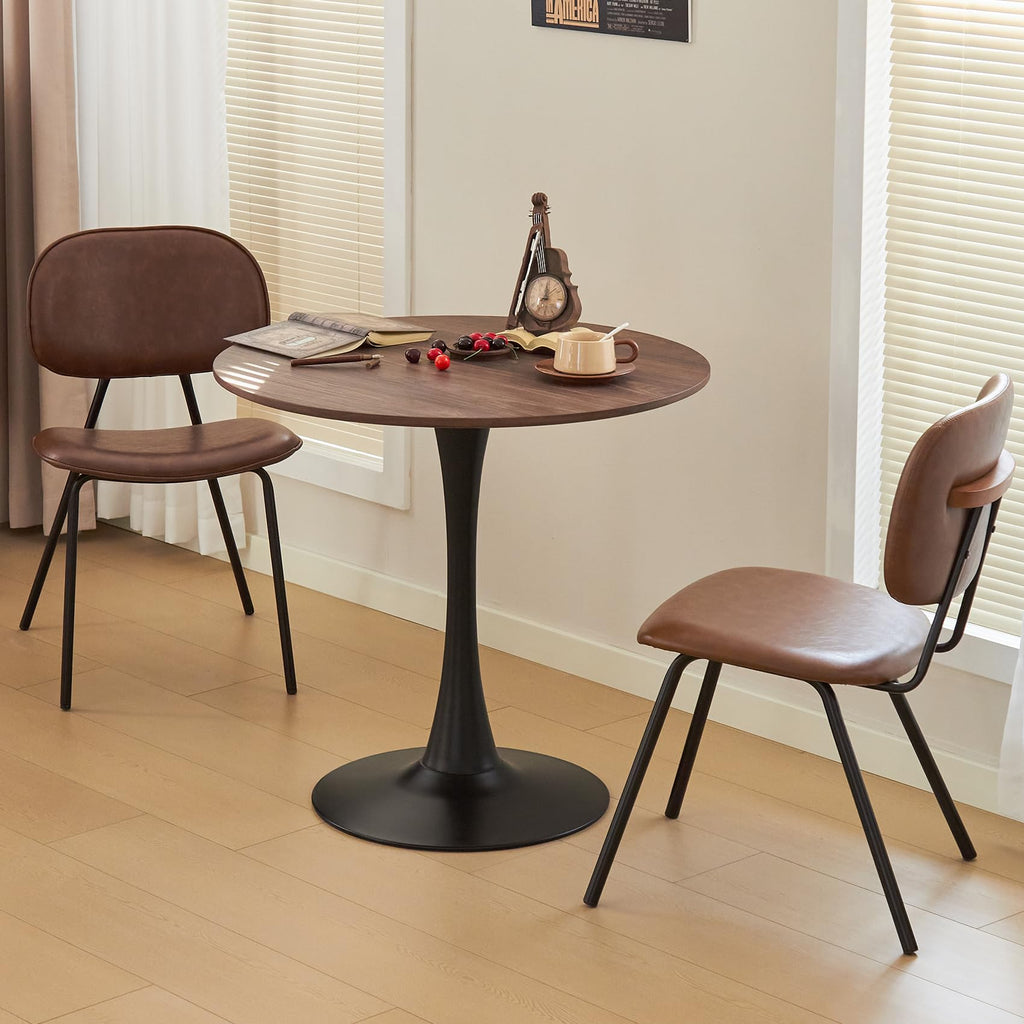 Round Dining Table, 31.5" Circle Tulip Table with Thickened Tabletop & Metal Pedestal, Mid Century Modern Bistro Table for Kitchen, Small Places, Living Room, Cafe (Faux Walnut)