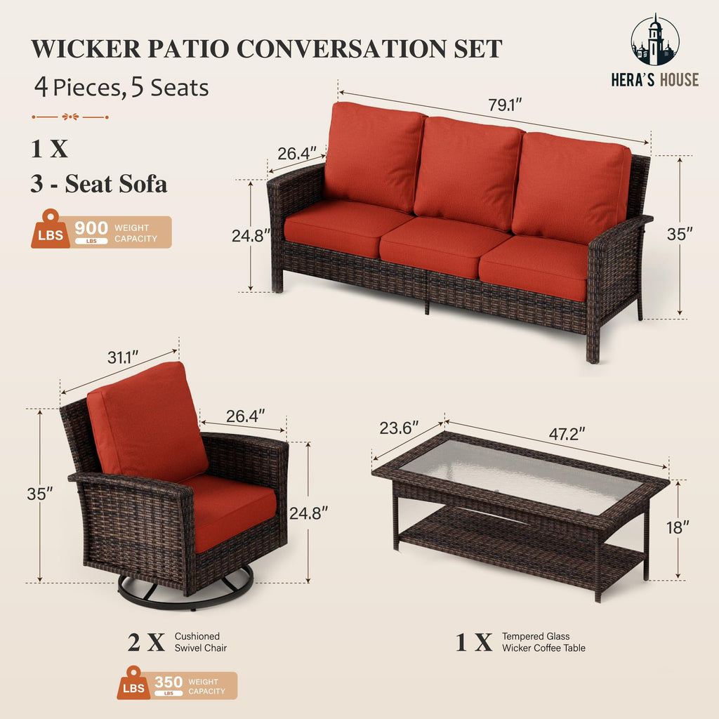 Red Patio Furniture Set, 35" High Back Swivel Chairs with 5.5" Waterproof Cushions, 4 Pieces Wicker Rattan Outdoor Conversation Sofa Sets for Deck Lawn Yard
