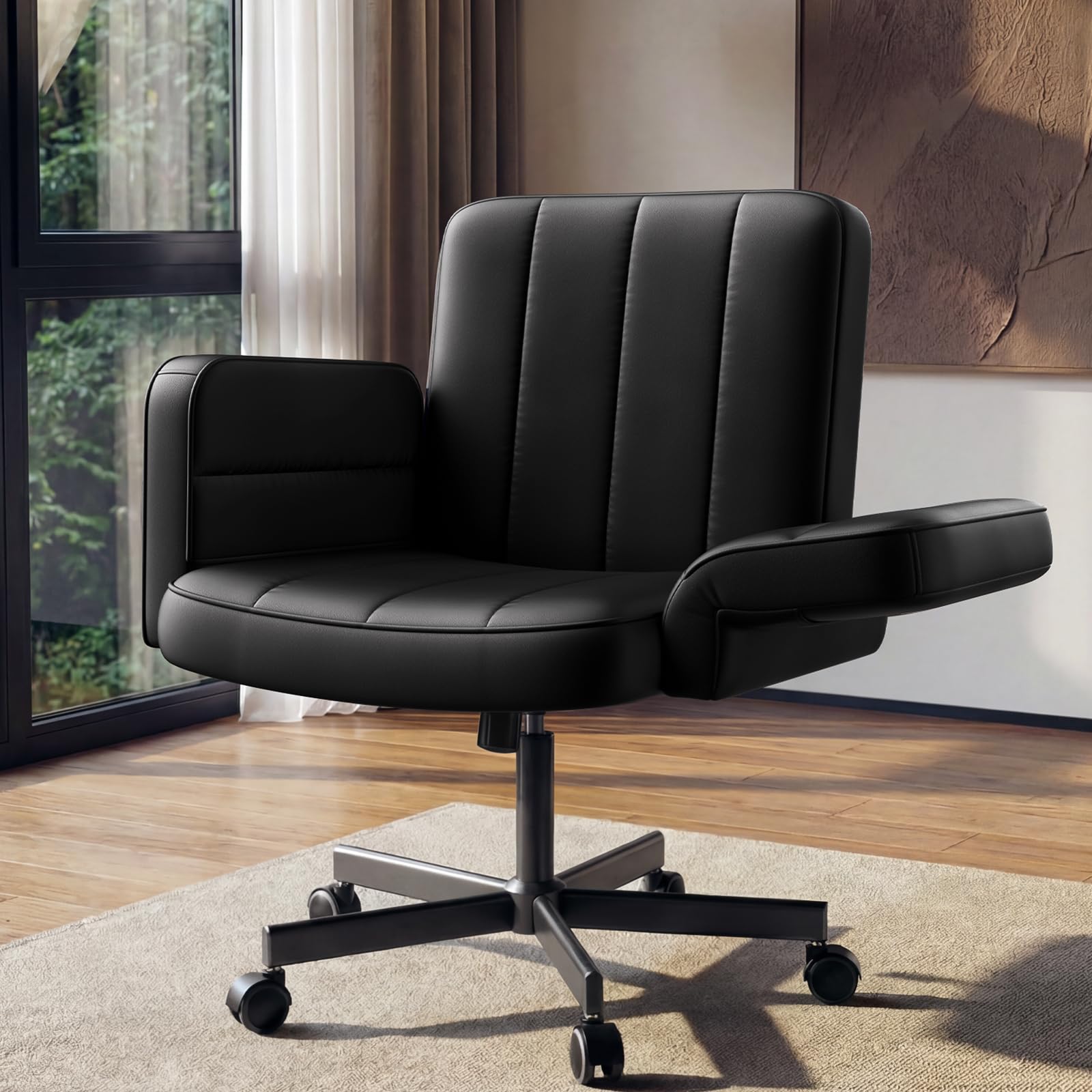 Criss Cross Chair with 6-Point Adjustable Armrests, Pet-Friendly Criss Cross Office Chair, Comfortable Cross Leg Chair with Wide Seat, Durable PU Leather, Side Storage Pocket, Easy Assembly