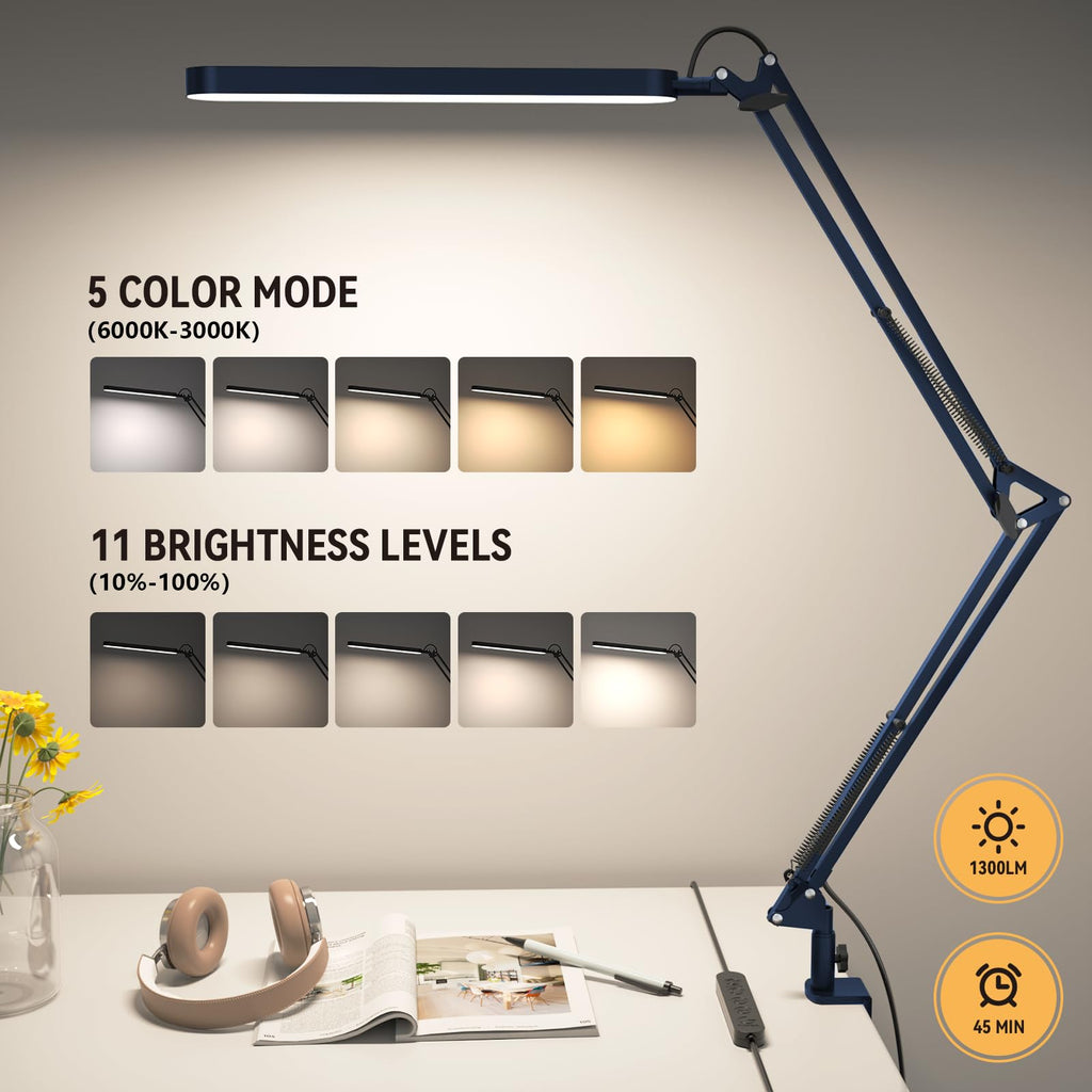 Desk Lamp - LED Desk Light - 5 Color Modes X 11 Brightness Levels - Adjustable Swing Arm - Timmer & Memory Function - 12W Lamp for Desk - Blue