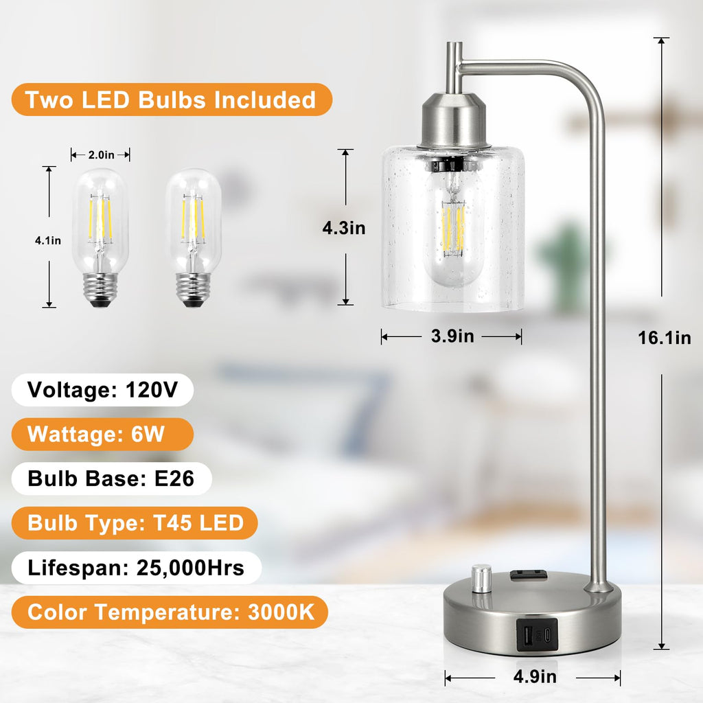 Industrial Table Lamps for Bedrooms Set of 2 - Fully Dimmable Bedside Lamps with USB A and C Ports and Outlet, Nickel Nightstand Lamps with Glass Shade for Living Room, Desk Lamps for Office Reading