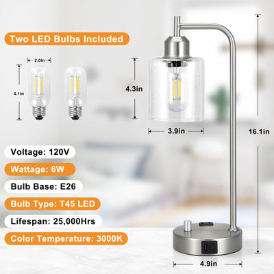 Industrial Table Lamps for Bedrooms Set of 2 - Fully Dimmable Bedside Lamps with USB A and C Ports and Outlet, Nickel Nightstand Lamps with Glass Shade for Living Room, Desk Lamps for Office Reading