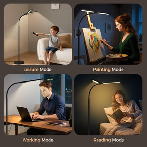 LED Floor Lamp for Living Room, Bright Reading Lamps for Office, Adjustable Colors Temperatures&Brightness, Dual Head Goose-Neck Standing Lamp, Remote and Button Control, Eye Caring Tall Lamp, Black
