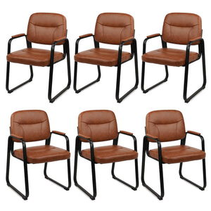 6 Pack, Waiting Room Guest Chair with Bonded Leather Padded Arm Rest for Office Reception and Conference Desk Black with Sled Base Brown