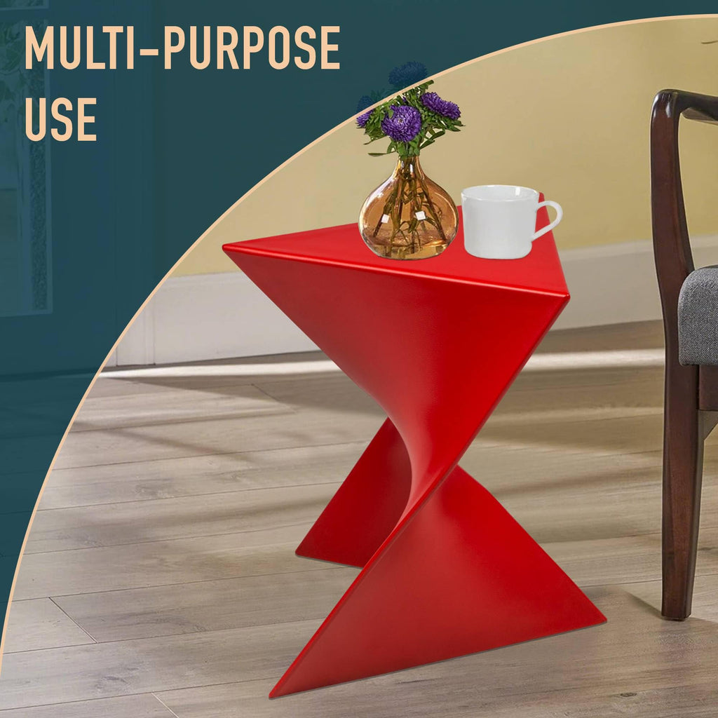 15.75" Triangular Side Table, Stackable Plastic Accent End Table for Indoor & Outdoor Use, Weather-Resistant Modern Patio & Living Room Table, Red
