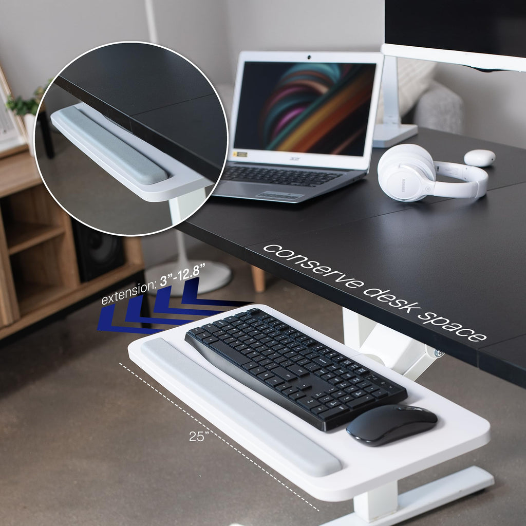 Adjustable 25 x 10 inch Computer Keyboard and Mouse Platform Tray Ergonomic Under Table Desk Mount Drawer Underdesk Shelf, White, MOUNT-KB03W