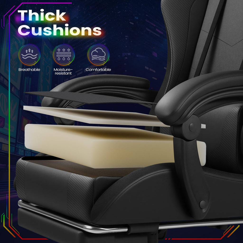 Gaming Chair, Video Game Chair with Footrest and Massage Lumbar Support, Ergonomic Computer Chair Height Adjustable with Swivel Seat and Headrest (RGB Dark Black)