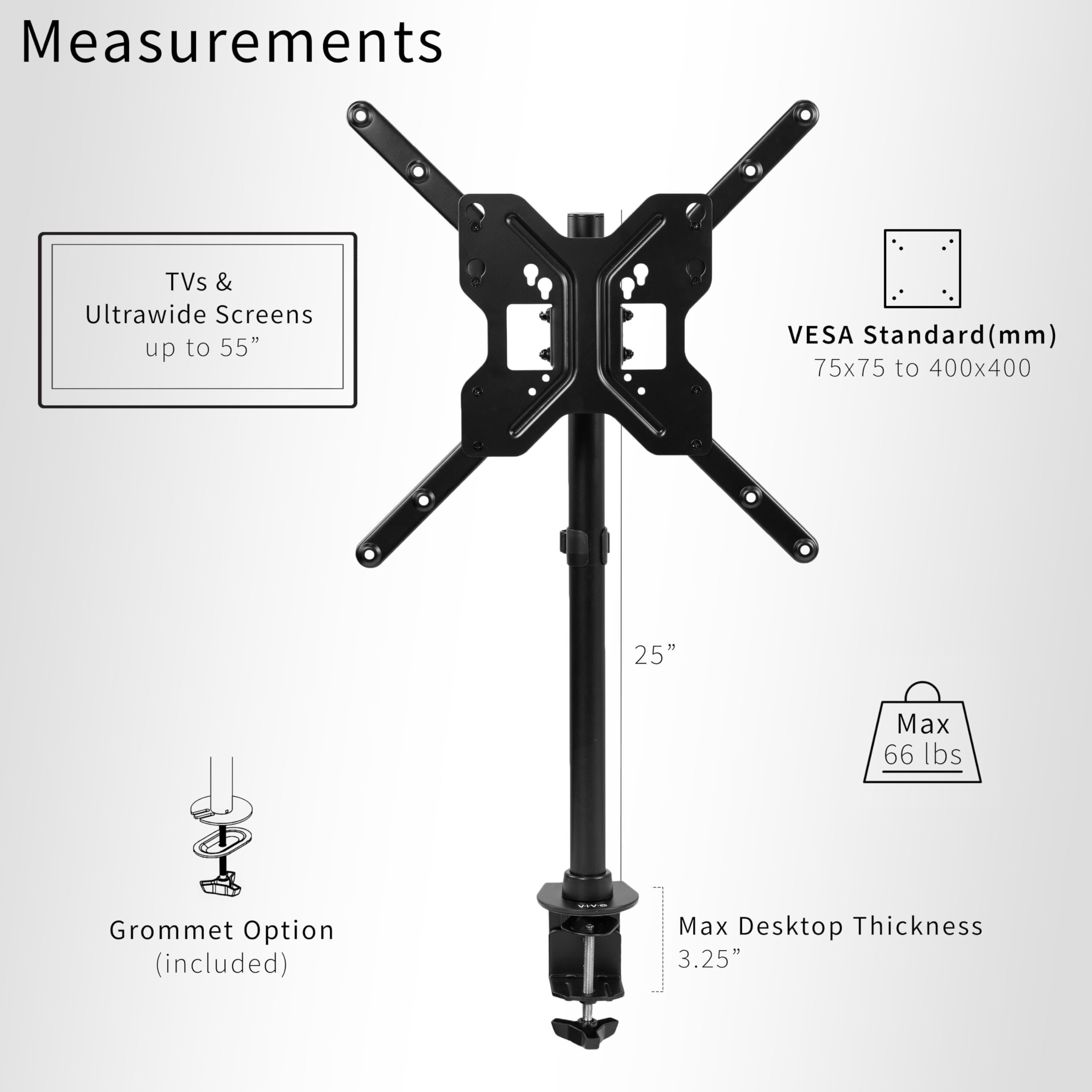 Ultra Wide TV Desk Mount for up to 55 inch Screens Weighing 66 lbs, Full Motion Height Adjustable Single Television Stand, Black, STAND-V155C