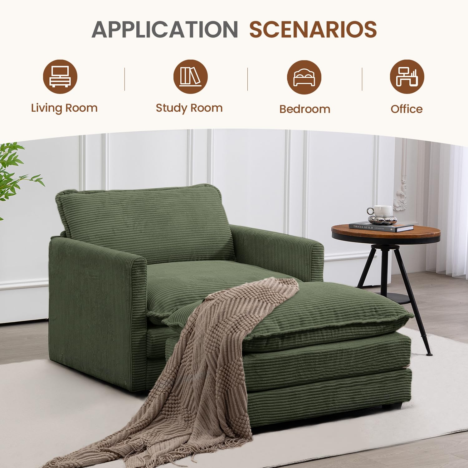 Single Armchair with Ottoman, Modern Corduroy Cloud Couch with Convertible Chaise, Upholstered Sofa Set for Living Room, Green