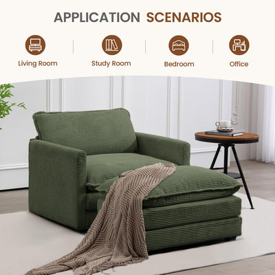 Single Armchair with Ottoman, Modern Corduroy Cloud Couch with Convertible Chaise, Upholstered Sofa Set for Living Room, Green