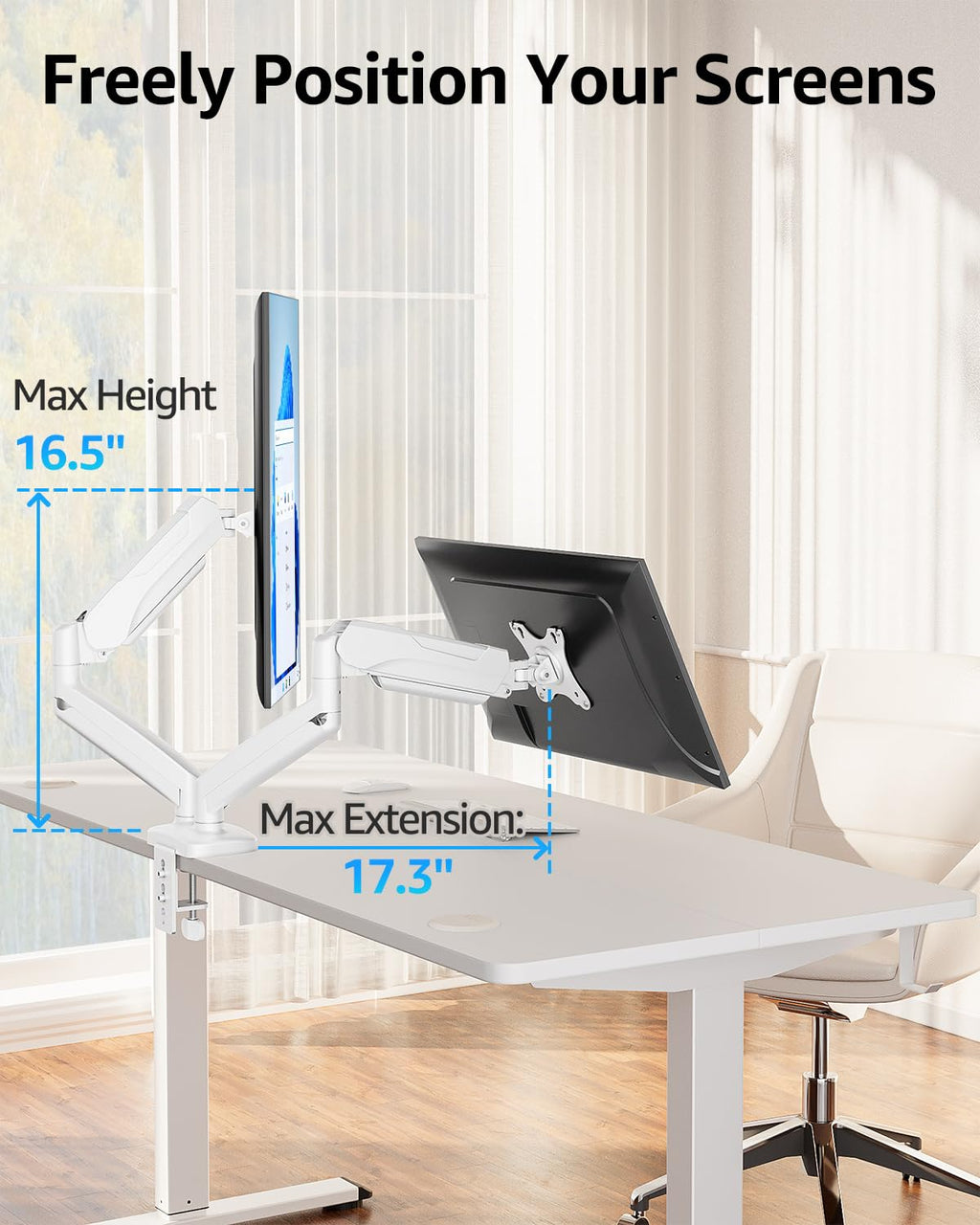 Dual Monitor Stand for Desk, Monitor Arms for 2 Monitors Max 32 Inches, Height Adjustable Double Monitor Mount, VESA Mount with C-Clamp & Grommet Base, Holds 4.4-17.6lbs, White
