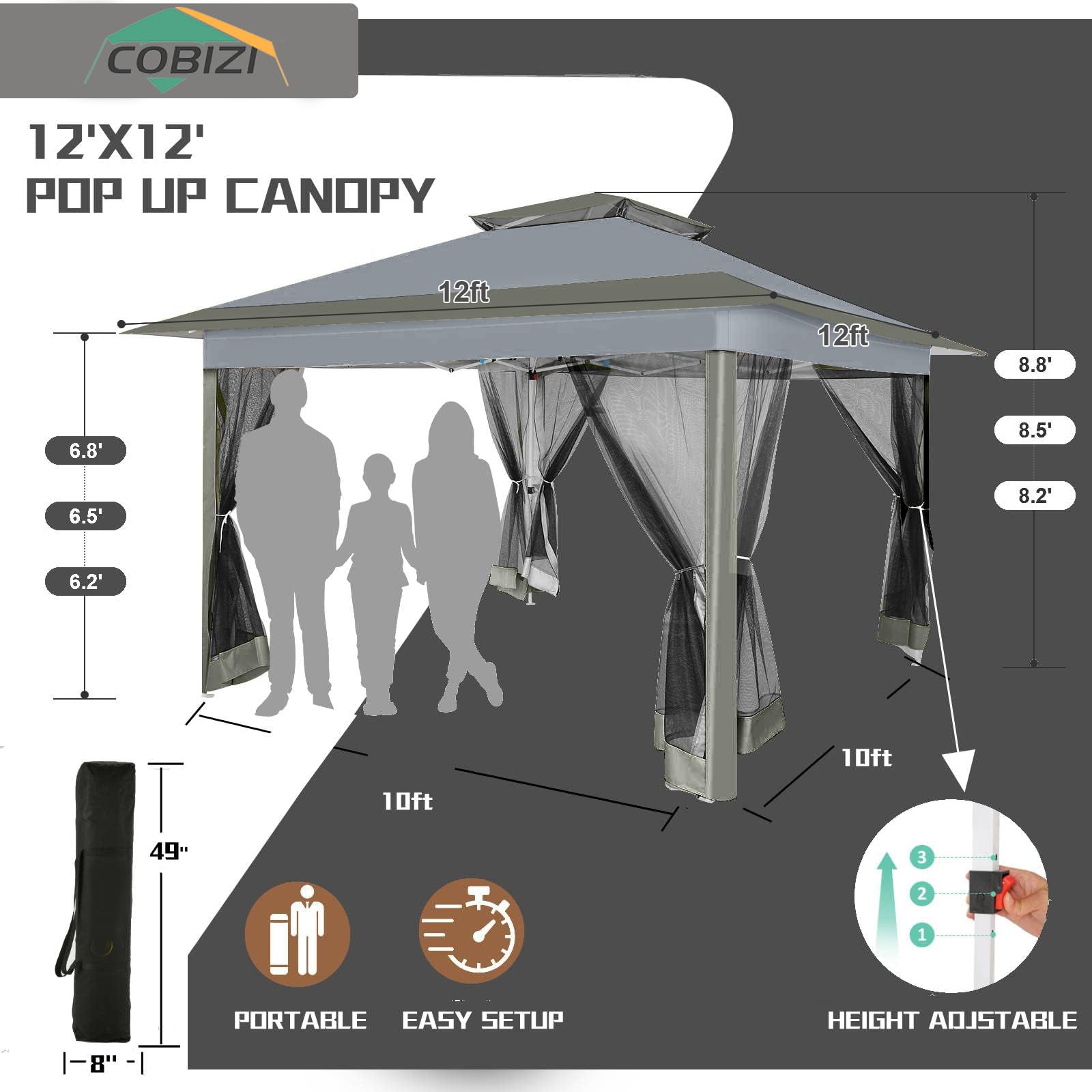 12x12 Pop Up Gazebos On Clearance - Upgrade Easy Up Metal Outdoor Gazebo Waterproof - Portable Gazebo with Mosquito Nettings, 4 Ropes 8 Stakes and Carry Bag for Patio Garden(Dark Gray)