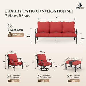 7 Piece Patio Furniture Set, 2 x Swivel Chair, 2 x Leg Chair, 2 x Ottoman, 1 x 3-Seat Sofa, All Cushioned 9 Seats Metal Outdoor Conversation Set for Lawn Garden Backyard