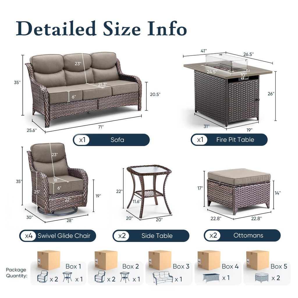 Luxury 6" Thick Cushioned 10 Pieces Patio Furniture Set with Fire Pit Table, Wicker Outdoor Conversation Set with High Back Swivel Rocker Chairs for Deck Porch Yard and Poolside - Brown+Grey