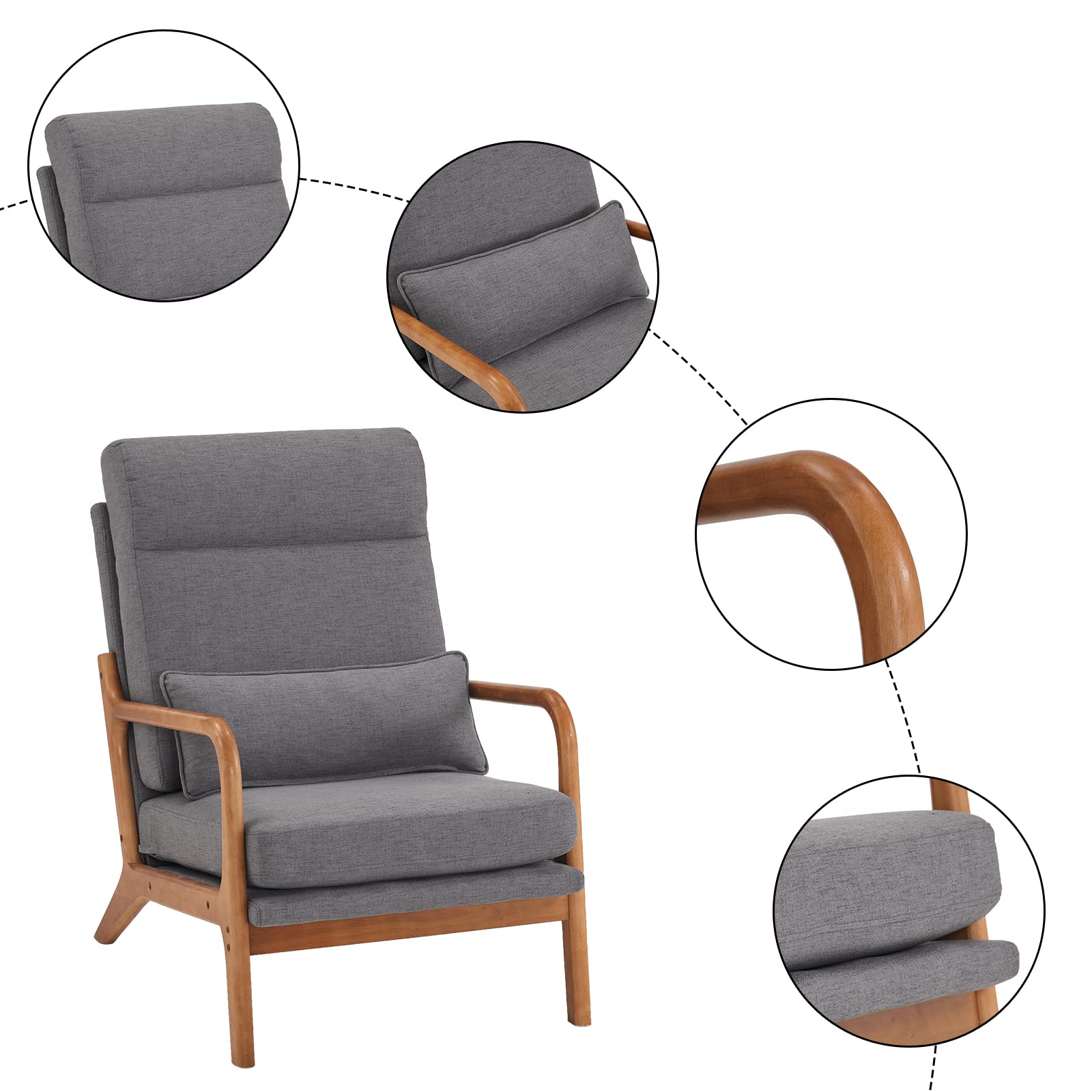 High Back Linen Dark Grey Mid Century Modern Accent Chair, Soild Wood Padding Lounge Armchairs Side Sitting Chairs for Living Room, Bedroom, Guest Room