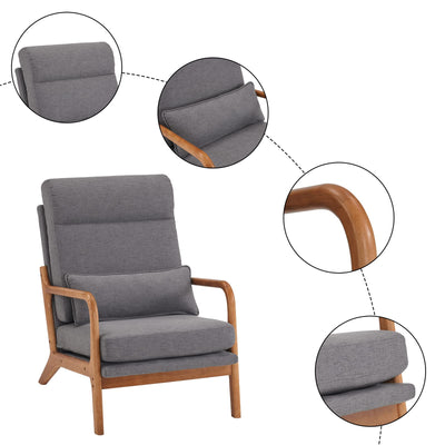 High Back Linen Dark Grey Mid Century Modern Accent Chair, Soild Wood Padding Lounge Armchairs Side Sitting Chairs for Living Room, Bedroom, Guest Room