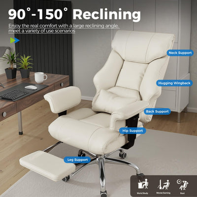 Big and Tall Gaming Chair 400lbs Heavy Duty Office Chair with Foot Rest & Ergonomic Pocket Spring Cushion, High Back Lumbar Support for Lower Back Pain Relief, Beige