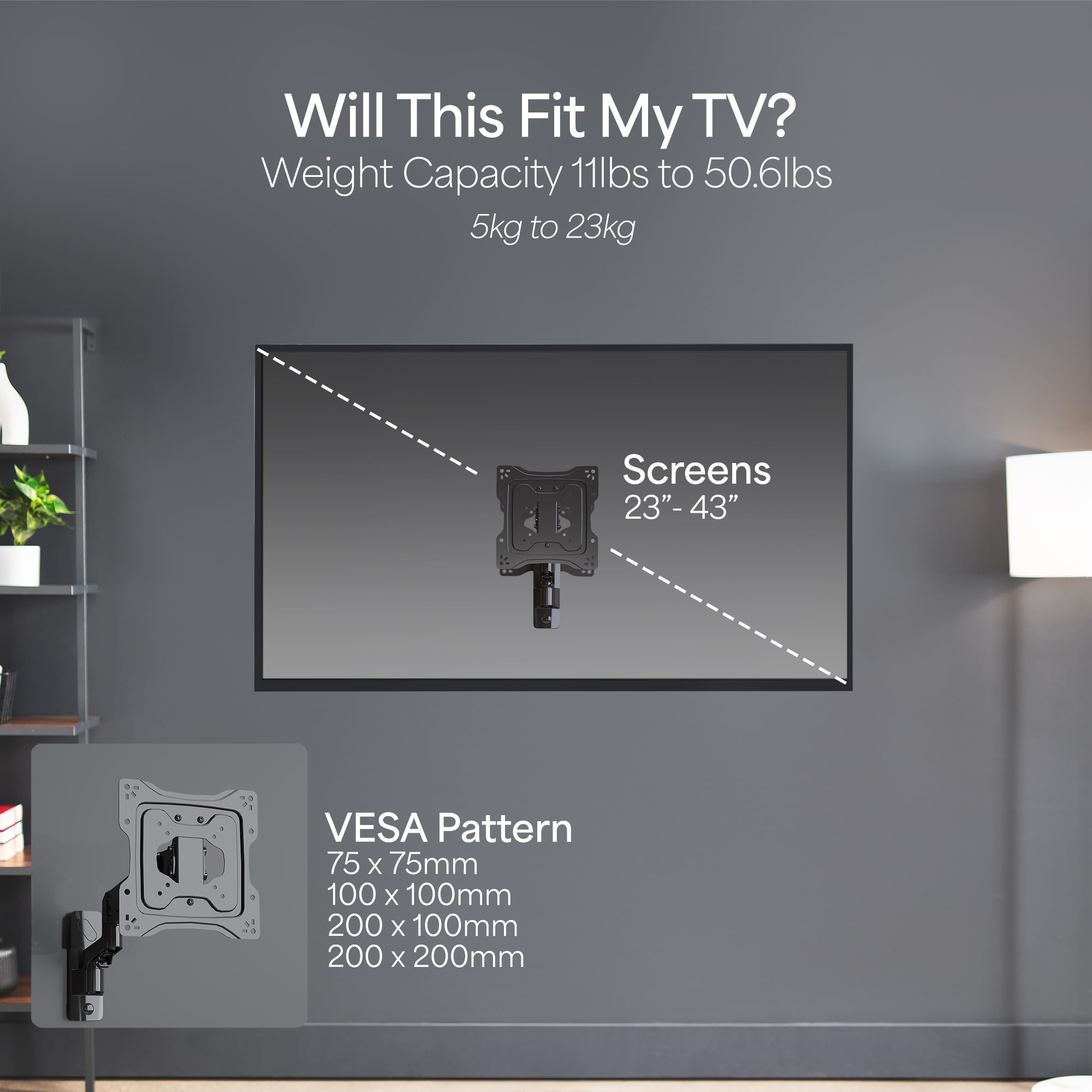Premium Aluminum Single TV Wall Mount for 23 to 43 inch Screens, Adjustable Arm, Fits up to VESA 200x200, MOUNT-G200B