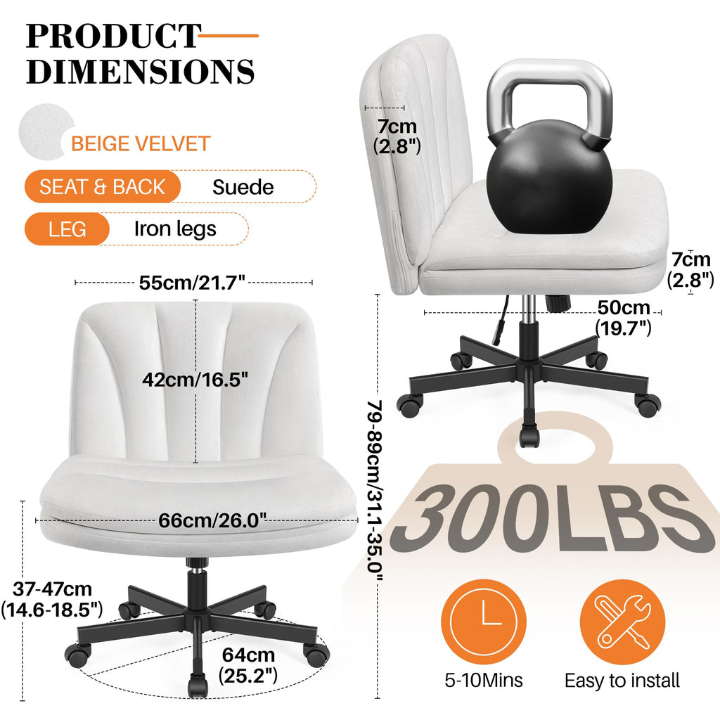 Criss Cross Chair with Wheels, Cross Legged Office Chair, Armless Wide Vanity Desk Chair with Comfty Velvet & Back - Swivel Height Ajustable for Home Office Bedroom, Pearl White Velvet