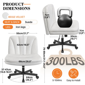 Criss Cross Chair with Wheels, Cross Legged Office Chair, Armless Wide Vanity Desk Chair with Comfty Velvet & Back - Swivel Height Ajustable for Home Office Bedroom, Pearl White Velvet
