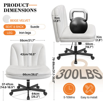Criss Cross Chair with Wheels, Cross Legged Office Chair, Armless Wide Vanity Desk Chair with Comfty Velvet & Back - Swivel Height Ajustable for Home Office Bedroom, Pearl White Velvet