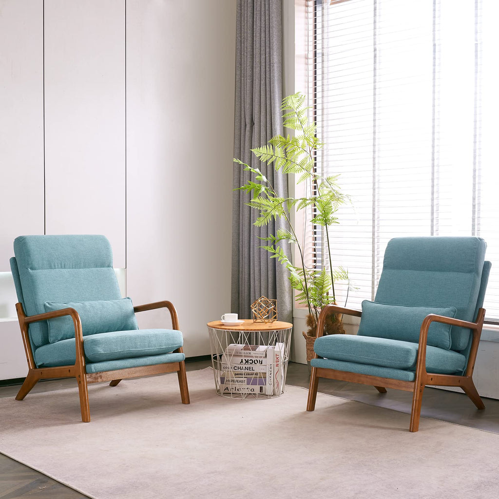 High Back Teal Accent Chairs Set of 2, Upholstered Mid Century Modern Lounge Chairs Reading Chairs Side Sitting Chair Solid Wood Farmhouse Armchairs for Living Room, Bedroom, Guest Room