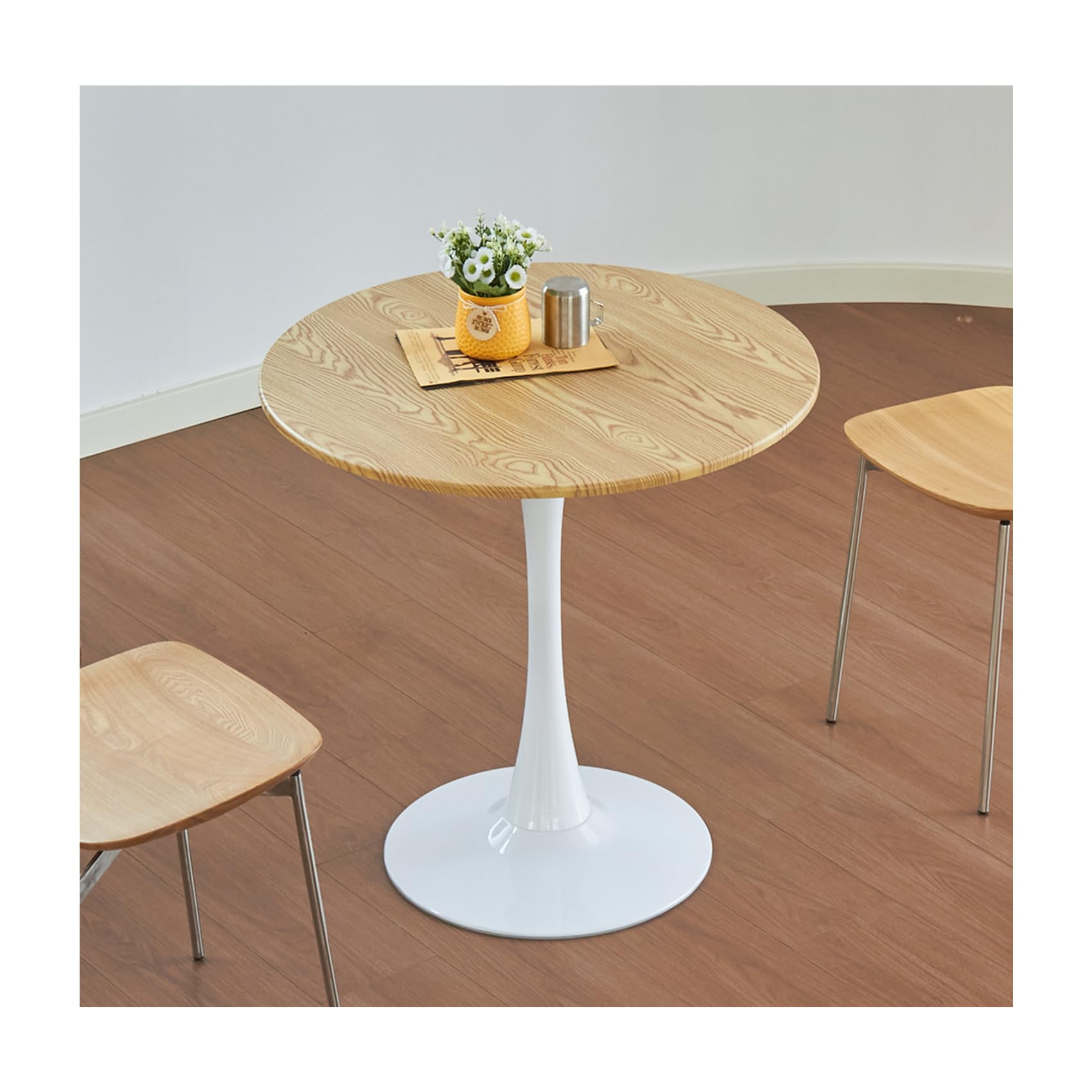 Round Dining Table, 24" Circle Tulip Table with Thickened Tabletop & Metal Pedestal, Mid Century Modern Bistro Table for Kitchen, Small Places, Living Room, Cafe (Light Brown)
