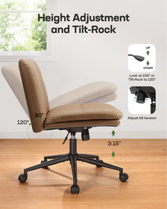 Armless-Office Desk Chair with Wheels: PU Leather Cross Legged Wide Chair,Comfortable Adjustable Swivel Computer Task Chairs for Home,Office,Make Up,Small Space,Bed Room, Brown