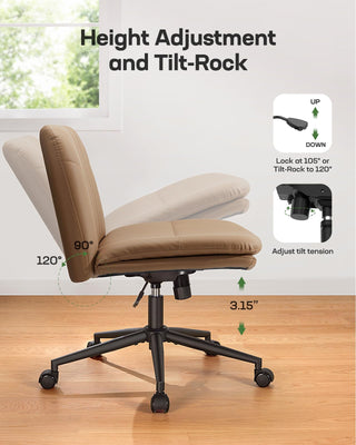 Armless-Office Desk Chair with Wheels: PU Leather Cross Legged Wide Chair,Comfortable Adjustable Swivel Computer Task Chairs for Home,Office,Make Up,Small Space,Bed Room, Brown