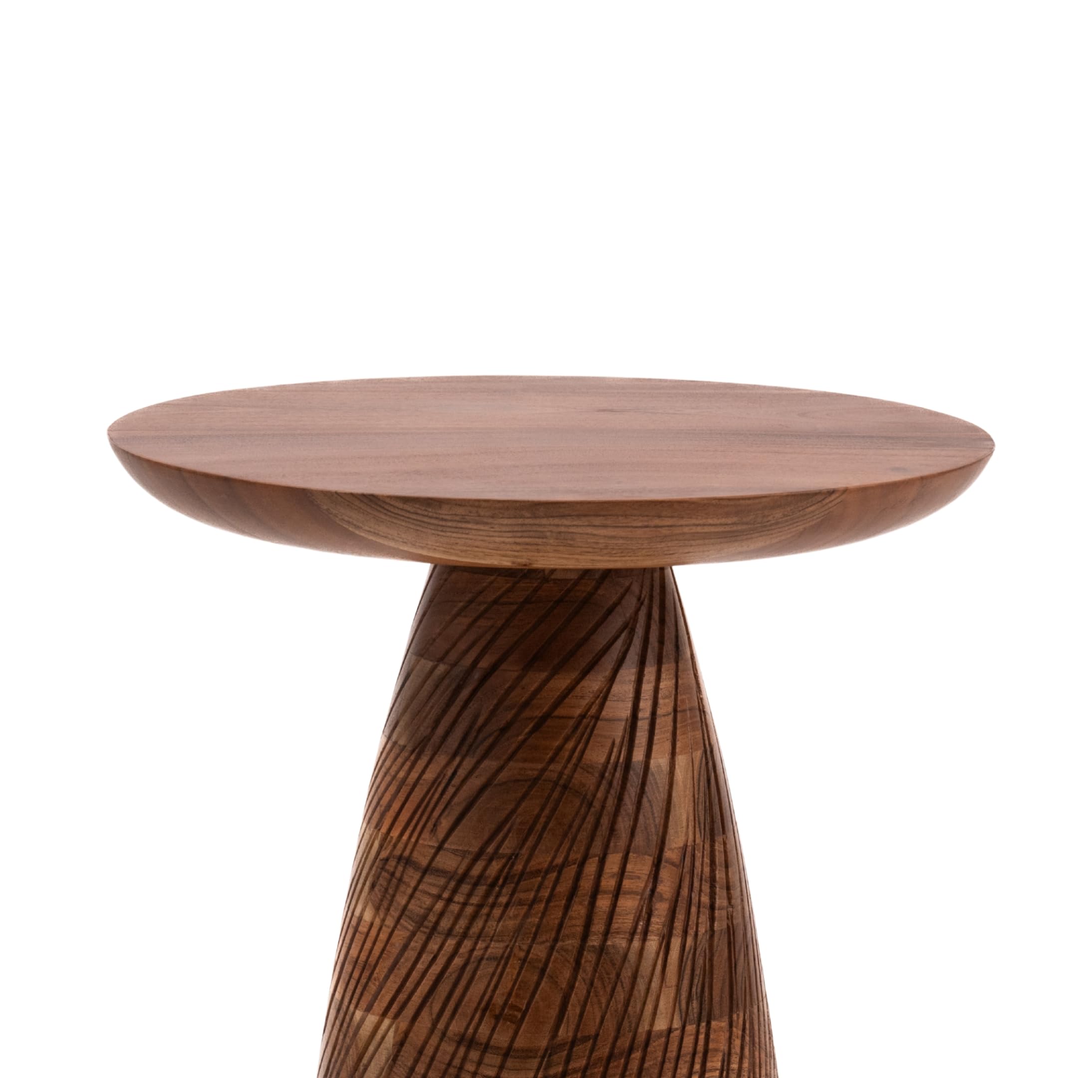 Mid-Century Farmhouse Cottagecore Accent Drink Table, Round Solid Mango Wood Accent Table with Carved Cone Base Minimalist Design for Small Spaces, Living Room, Bedroom or Entryway, Natural, Assembled