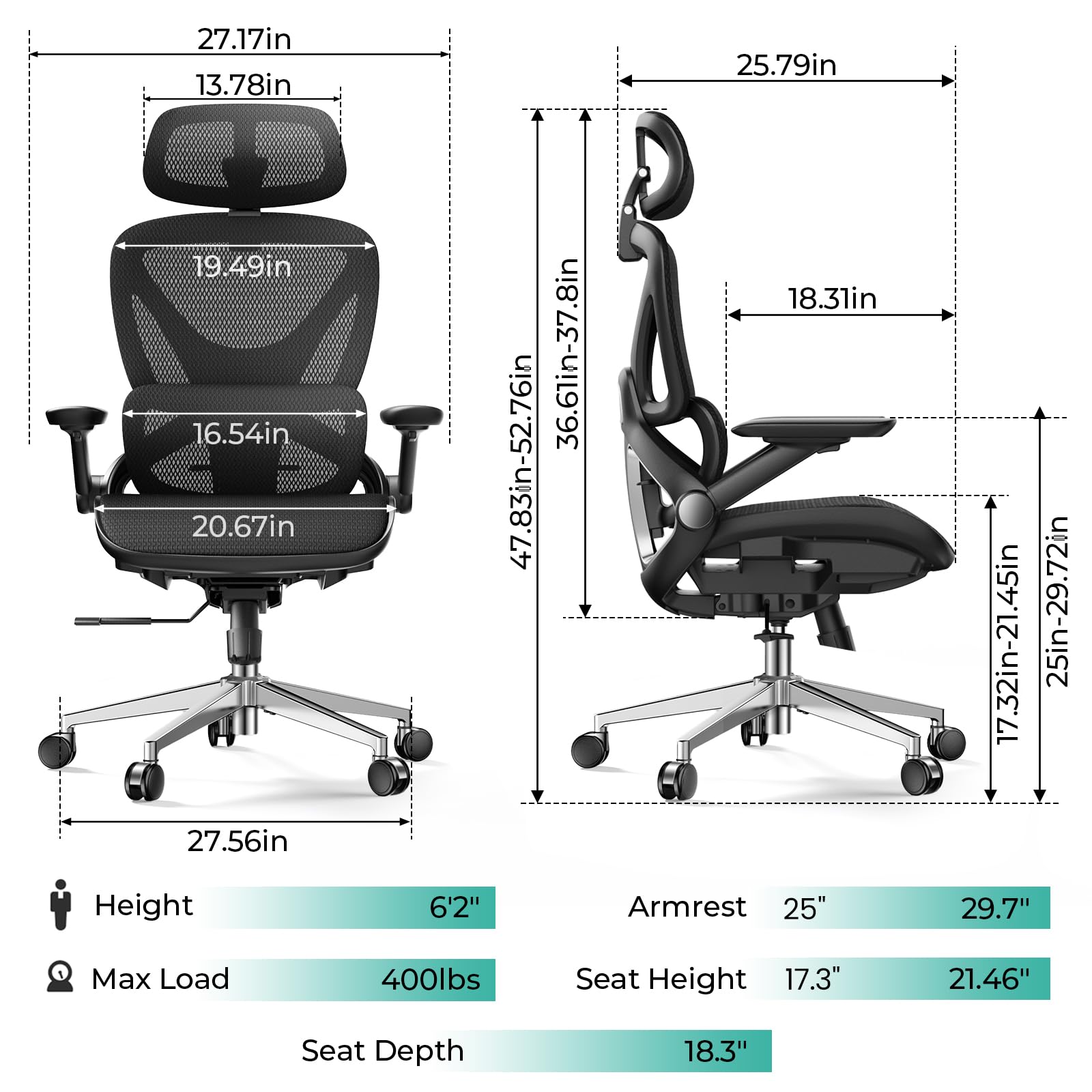 Ergonomic Mesh Office Chair, Adjustable Lumbar High Back Desk Chair 400lbs, 4D Flip-up Arms, 3-Level Tilt Backrest, 3D Headrest, PU Wheels, Swivel Rolling Computer Seating for Long Desk Work