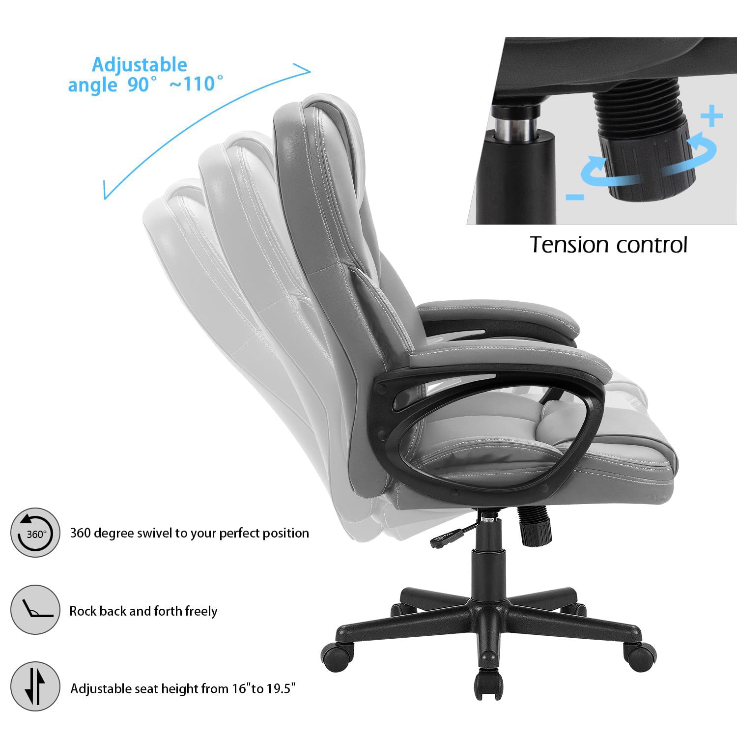 Office Executive Chair High Back Adjustable Managerial Home Desk Chair, Swivel Computer PU Leather Chair with Lumbar Support (2, Gray)
