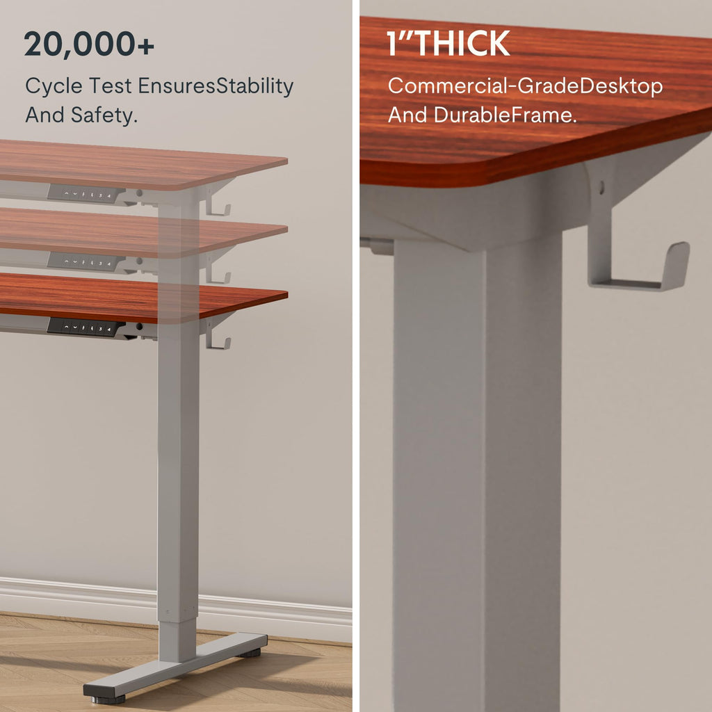 EN1 One-Piece Standing Desk, Electric Adjustable with 4 Memory Presets, 176 LBS Capacity, Stable & Quiet, Seamless Desktop for Home Office & Dual Monitors, 55"x28" Mahogany(Silver Frame)